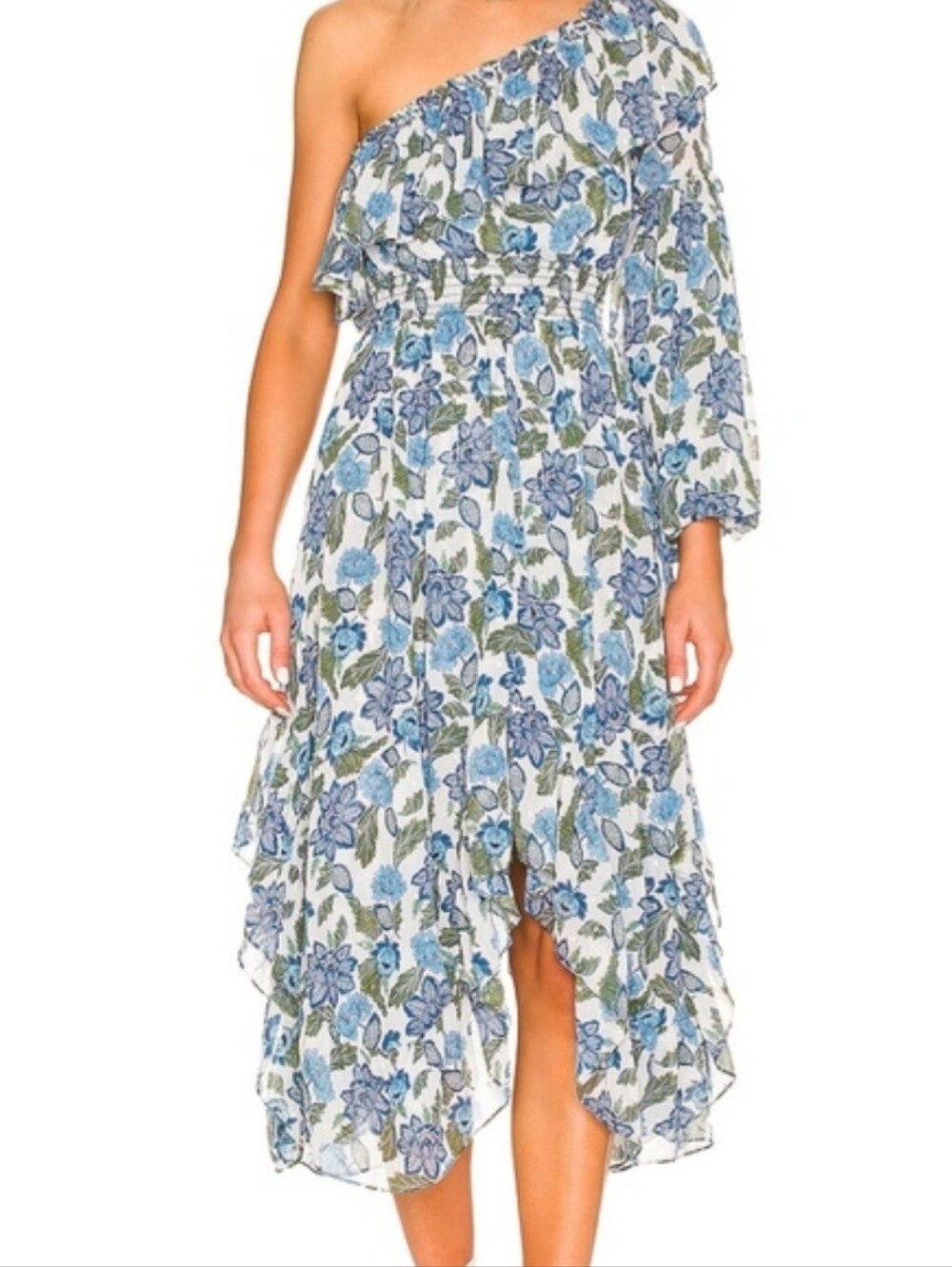 MISA Los Angeles Vola Metallic Floral One-Shoulder Maxi Dress Boho Romantic. L